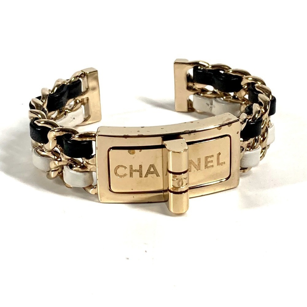 CHANEL Authentic Black Leather Logo Charm Bracelet